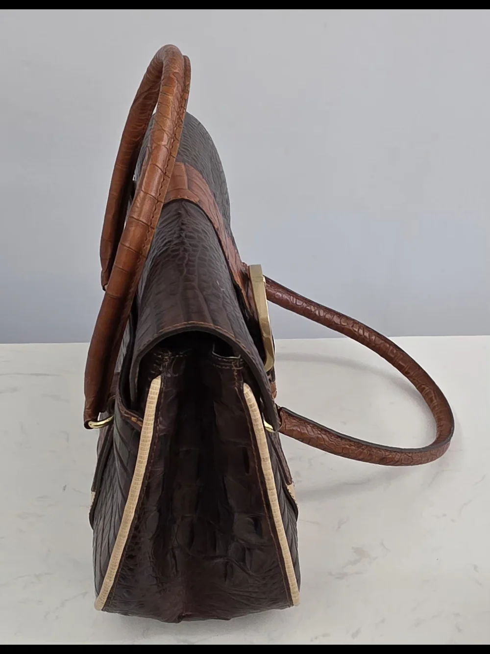 Brahmin Croc-Embossed Leather Satchel in Dark Brown and Tan